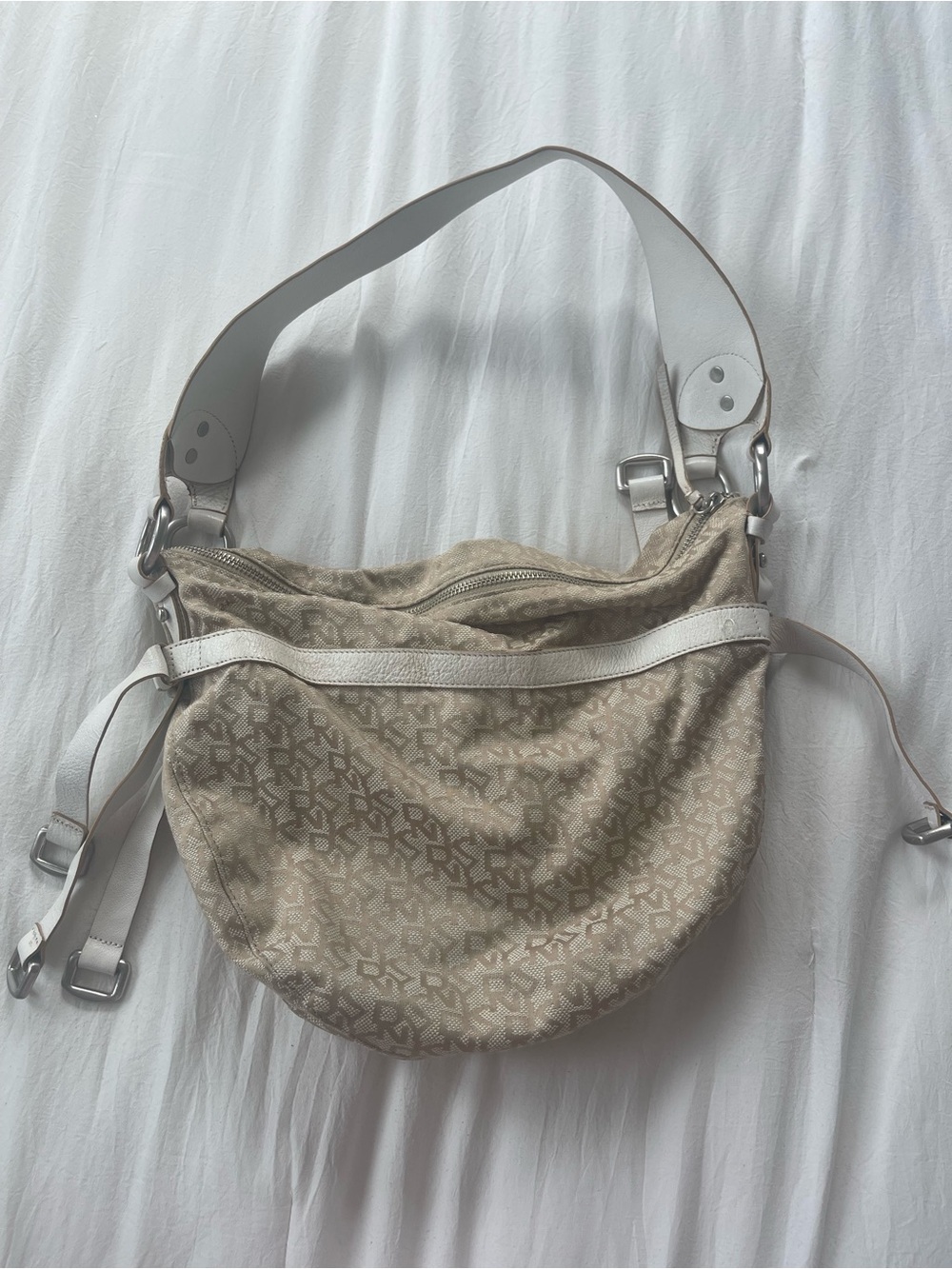 DNY Beige Patterned Shoulder Bag with White Trim